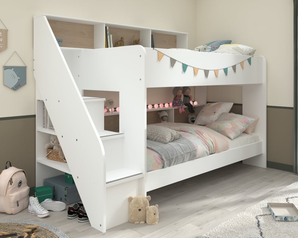 Happy Beds Bibliobed White and Oak Bunk Bed Angled Shot