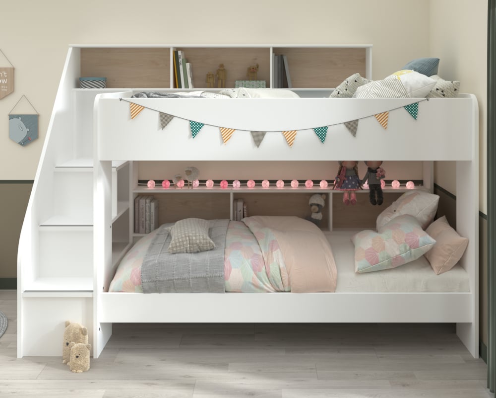 Happy Beds Bibliobed White and Oak Bunk Bed Front Shot