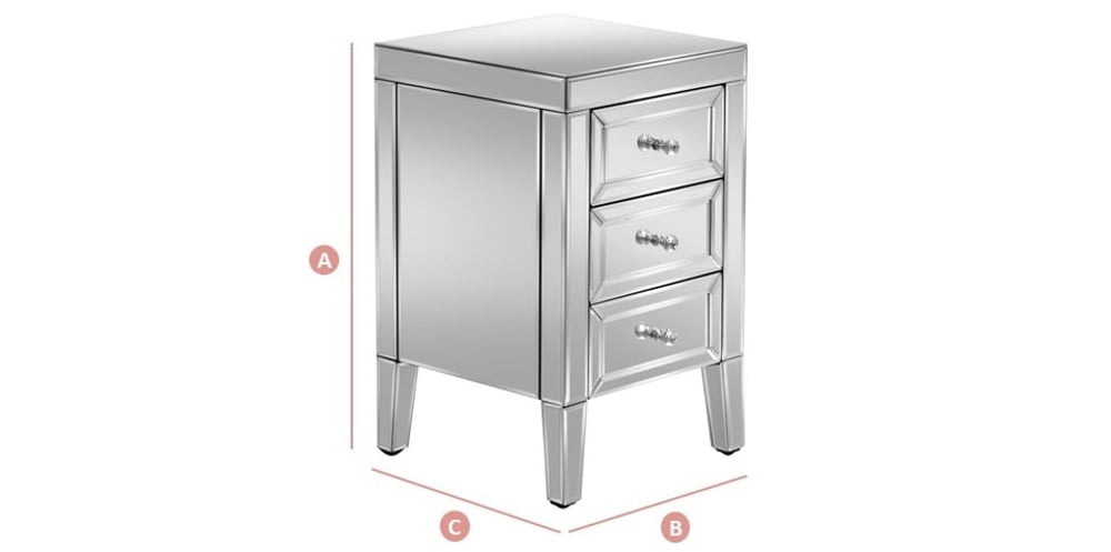 Happy Beds Valencia Mirrored 3 Drawer Bedside Table Sketch Dimensions