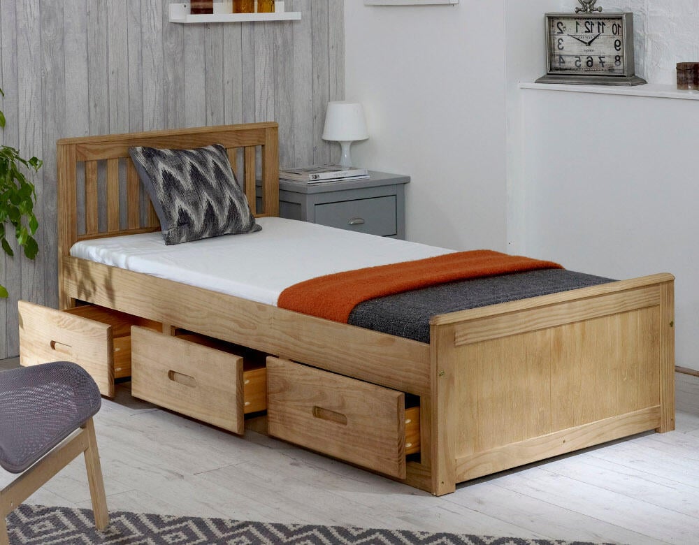 Happy Beds Mission Waxed Pine Storage Bed Open Drawers