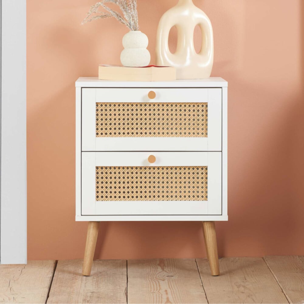 Croxley White Rattan 2 Drawer Bedside Table