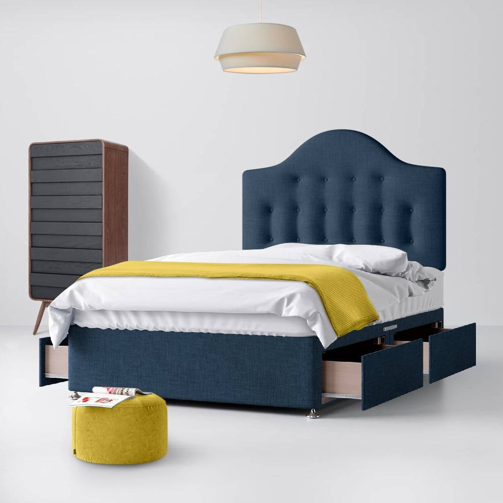 Blue Fabric Divan Bed & Victor Button Headboard Happy Beds