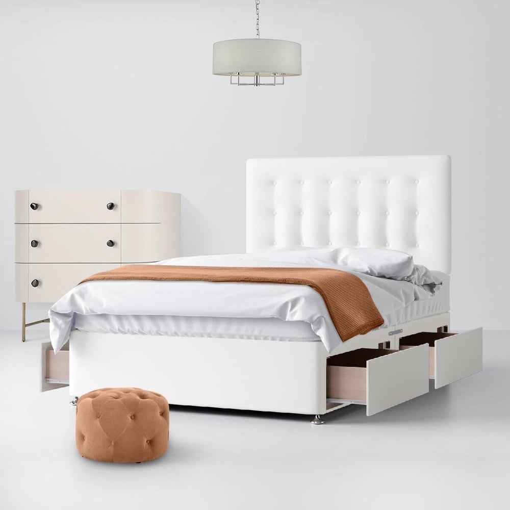 Cornell Buttoned White Fabric Divan Bed 4 Drawer Image