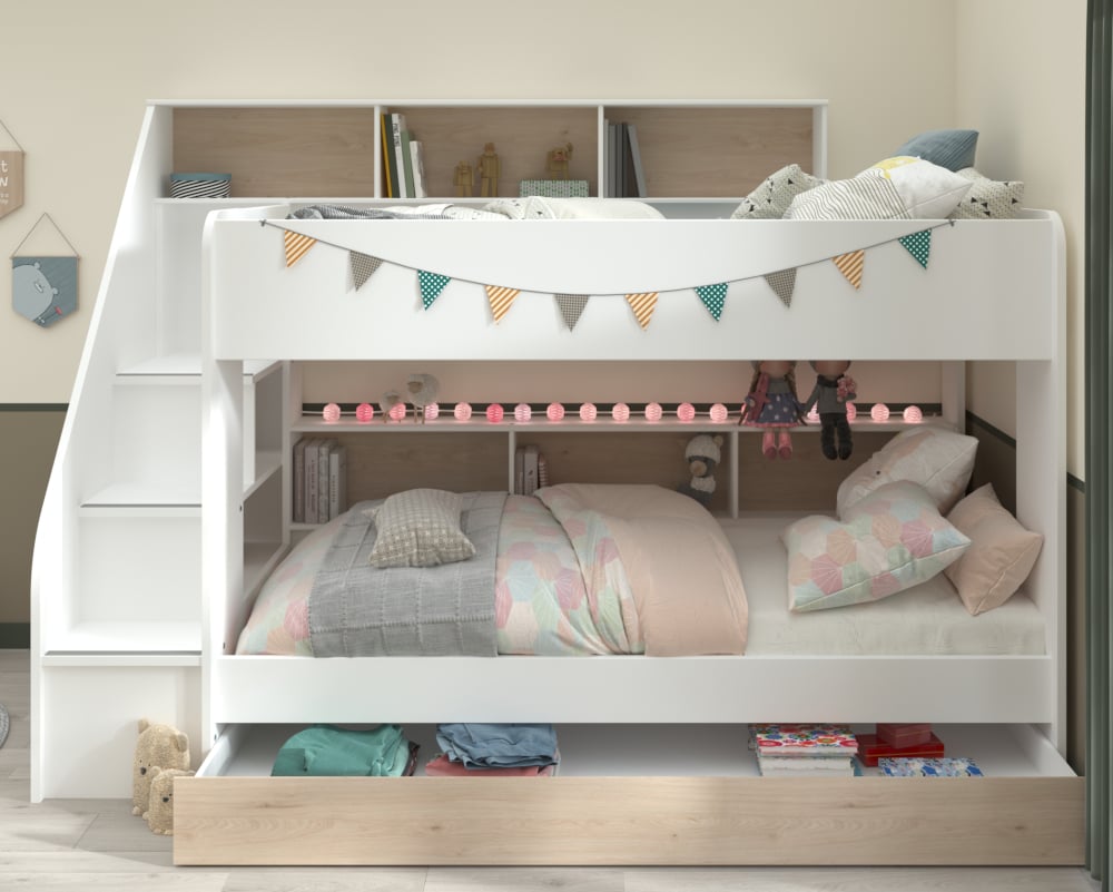 Happy Beds Bibliobed White and Oak Bunk with Trundle Front Shot
