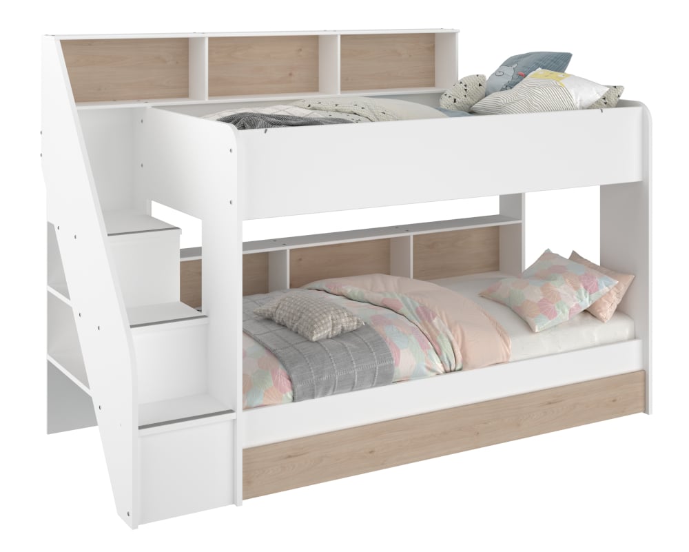 Happy Beds Bibliobed White and Oak Bunk with Trundle Angled Shot