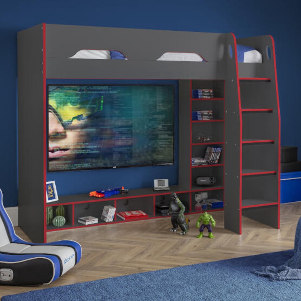 Galaxy Grey and Red High Sleeper Gaming Bed