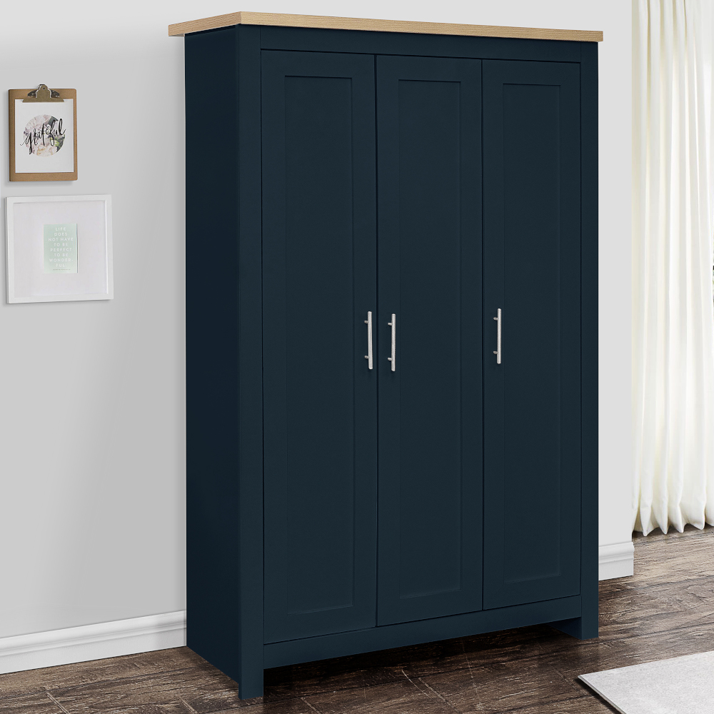 Highgate Navy Blue And Oak Wooden 3 Door Wardrobe Full Image