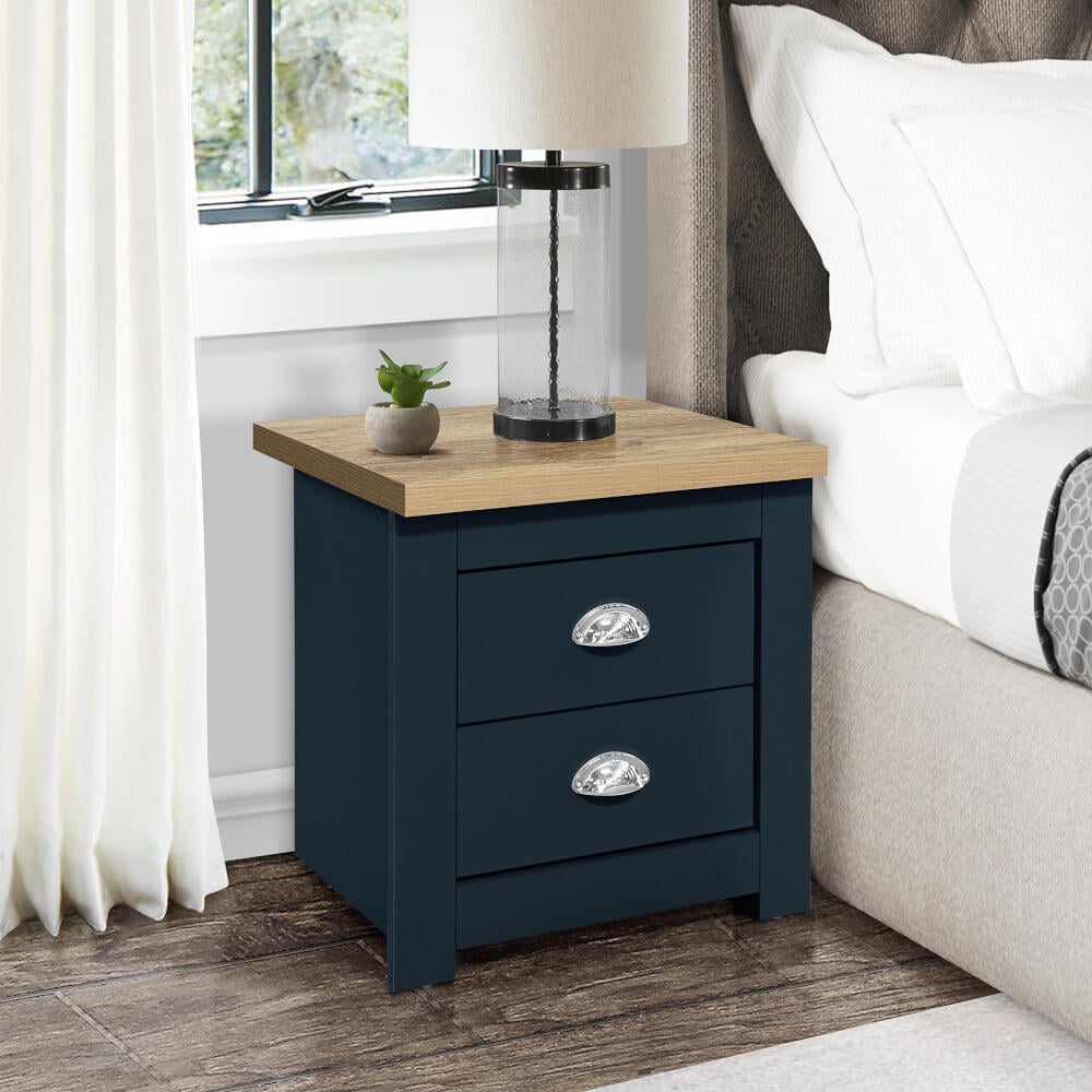 Highgate Navy Blue And Oak Wooden 2 Drawer Bedside Table Full Image