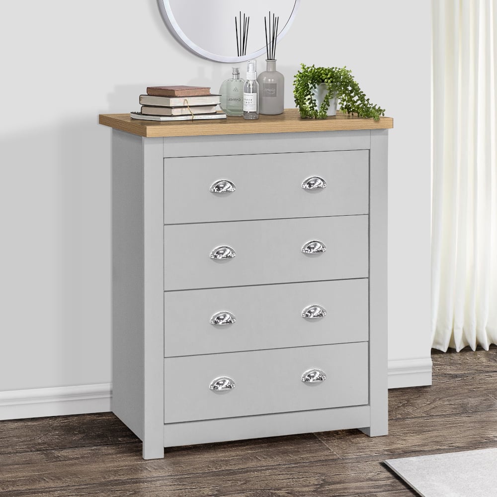 Highgate Grey and Oak Wooden 4 Drawer Chest Wide Angle