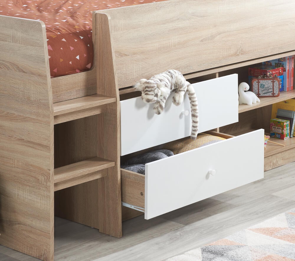 Leyton White and Oak Cabin Bed Drawer and Shelves