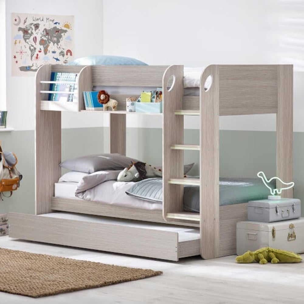 Mars Grey Oak Wooden Bunk Bed with Trundle Open