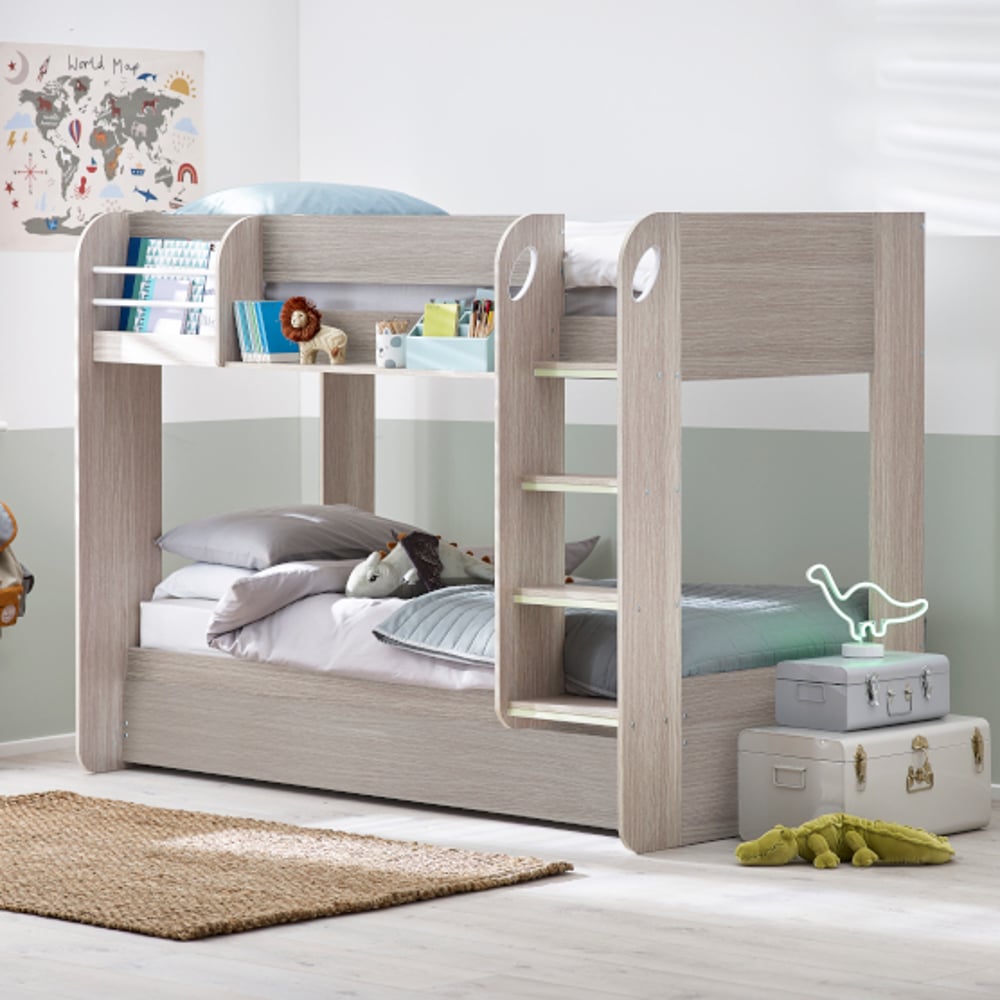 Mars Grey Oak Wooden Bunk Bed with Trundle Closed