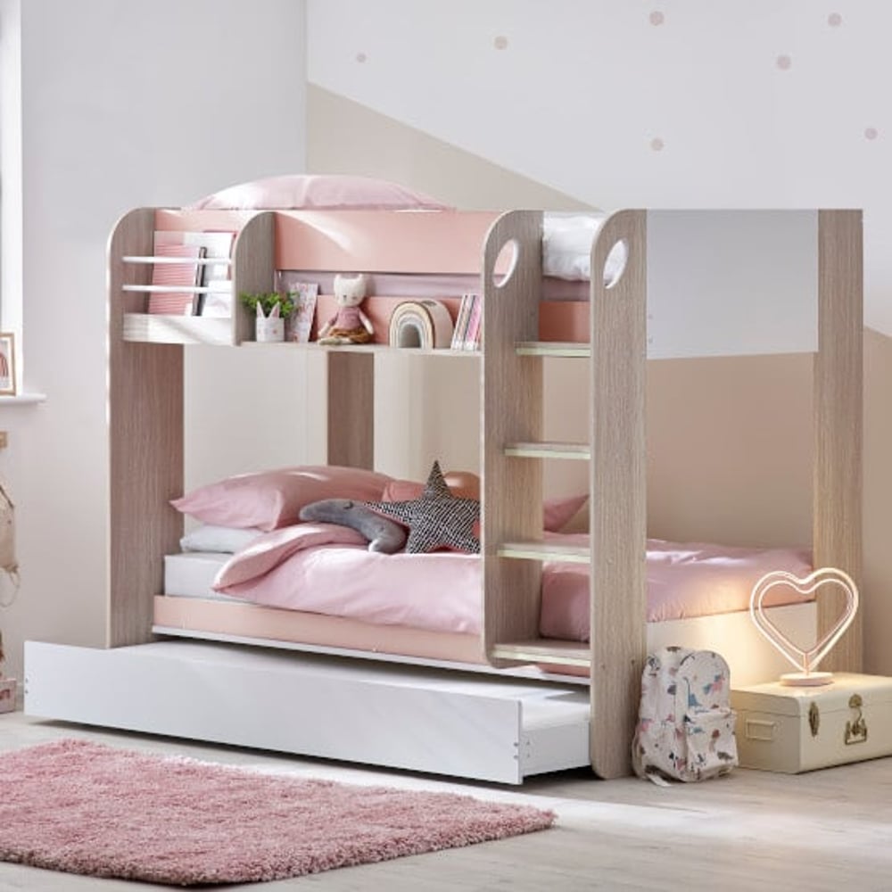 Mars Pastel Pink Wooden Bunk Bed with Trundle Open