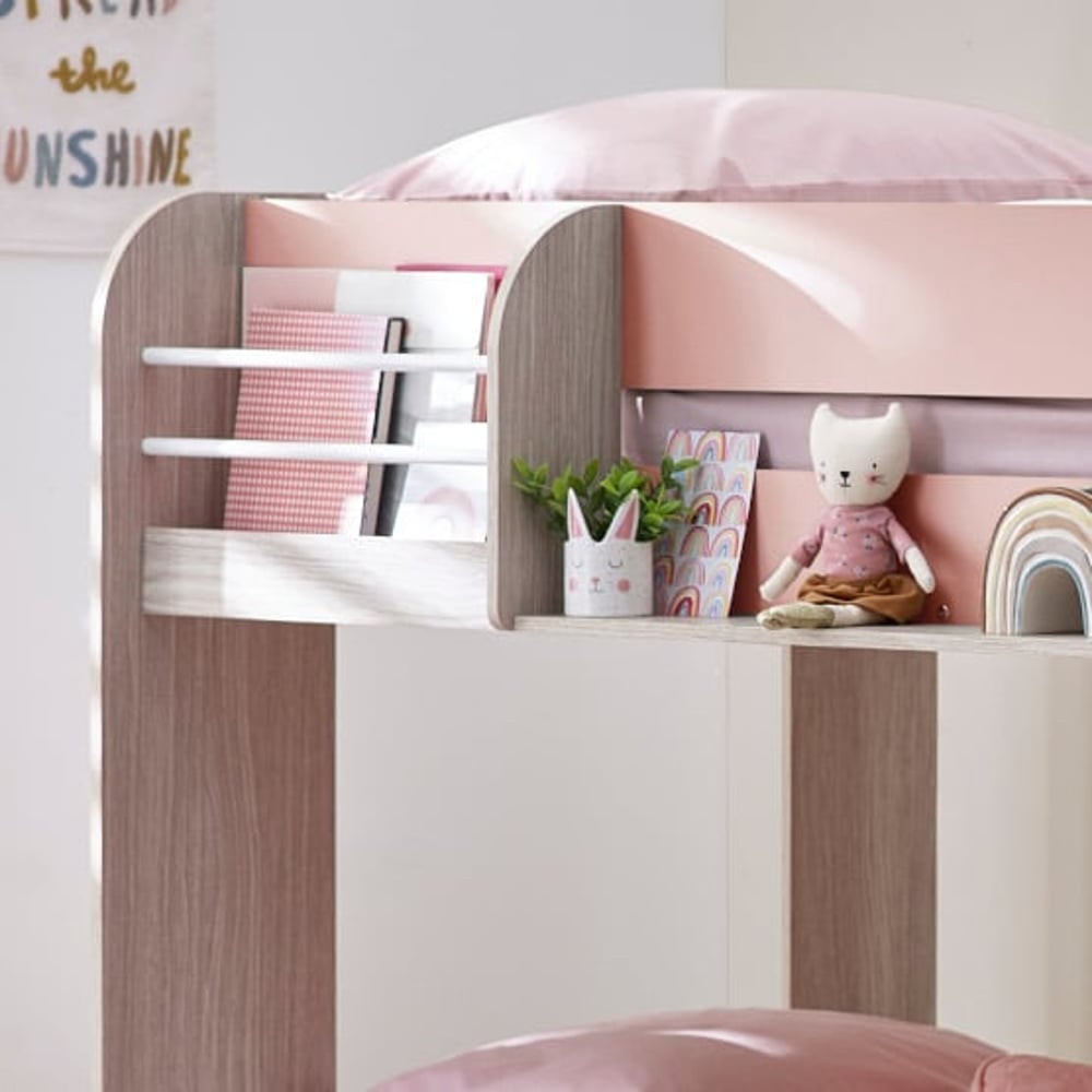 Mars Pastel Pink Wooden Bunk Bed with Trundle Storage
