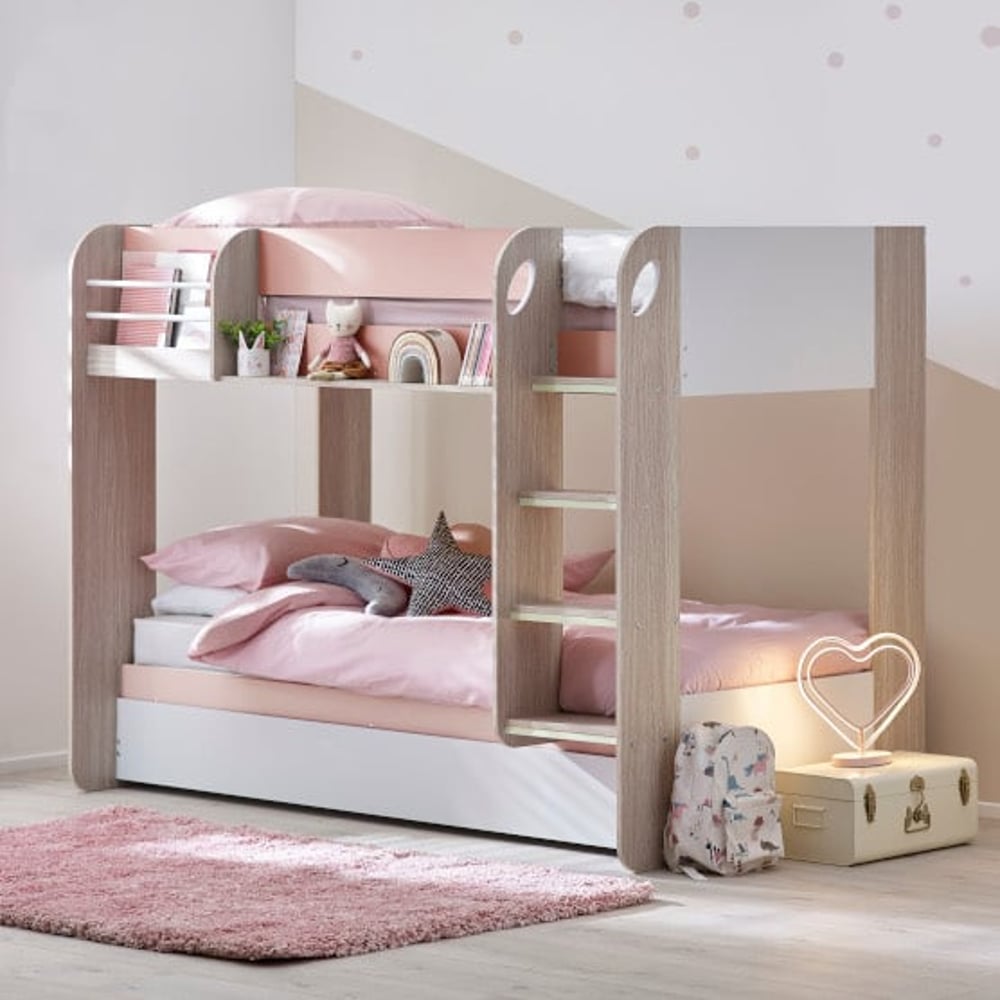 Mars Pastel Pink Wooden Bunk Bed with Trundle Closed