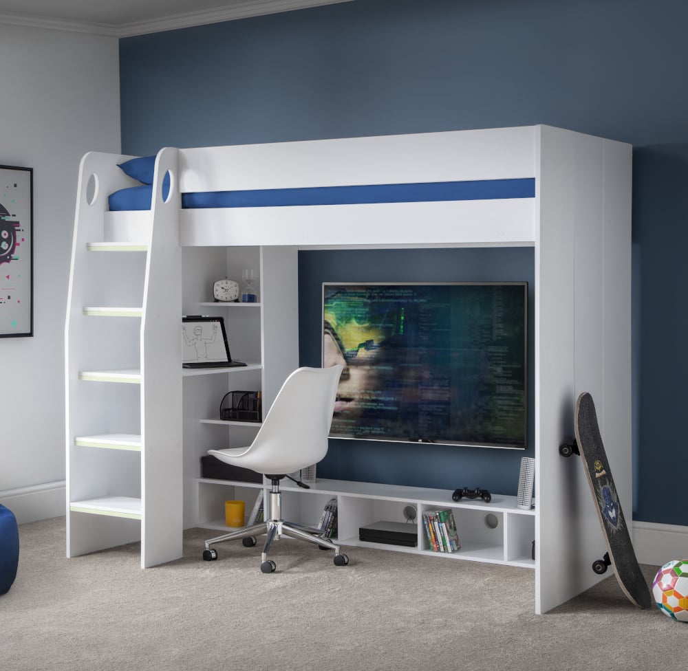 Happy Beds Nebula White Gaming High Sleeper Shelf