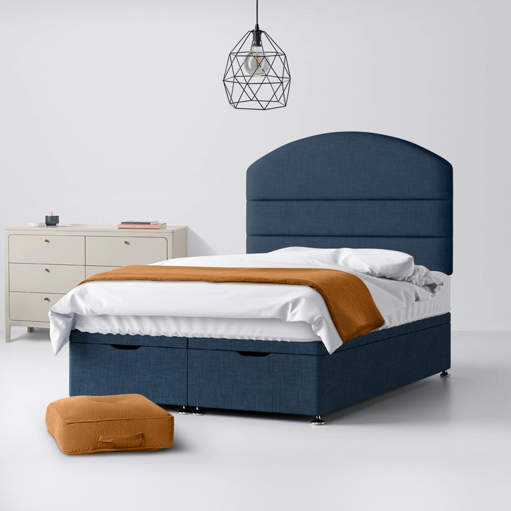 Dudley Lined Midnight Blue Fabric Divan Bed Headboard Storage