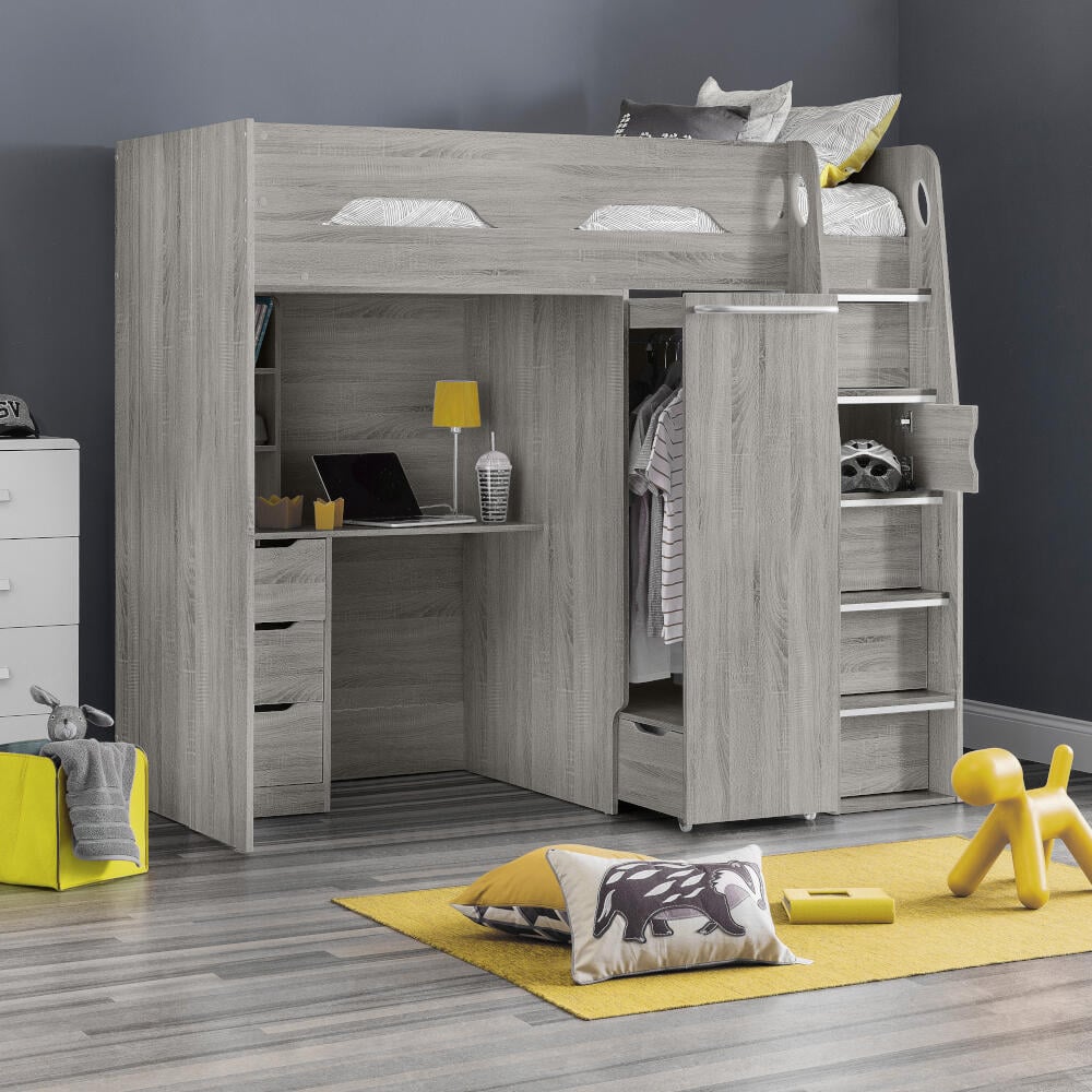 Happy Beds Pegasus Grey Oak High Sleeper Storage