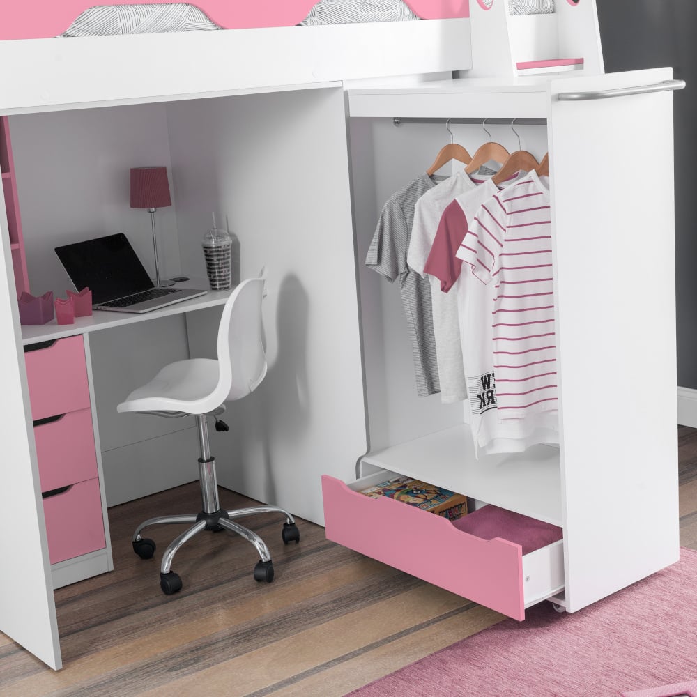 Happy Beds Pegasus Pink And White High Sleeper Desk