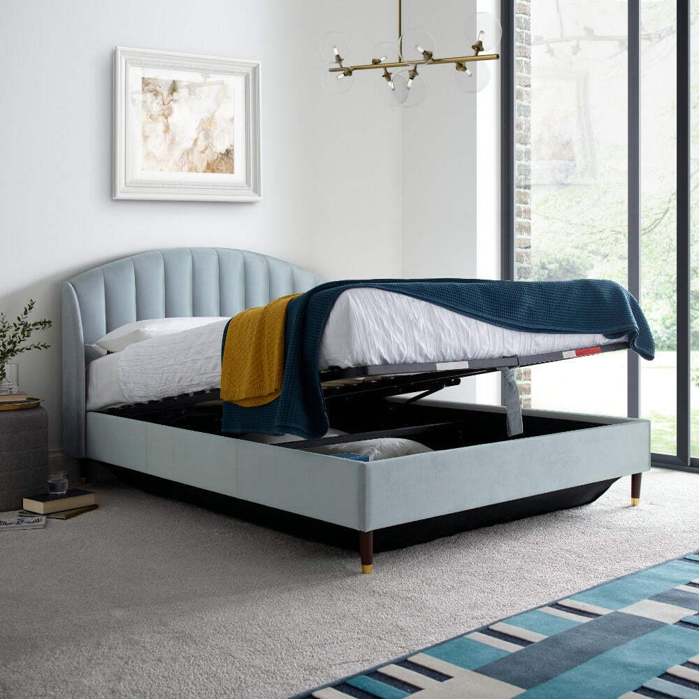 Sandy Blue Velvet Ottoman Bed Full Image