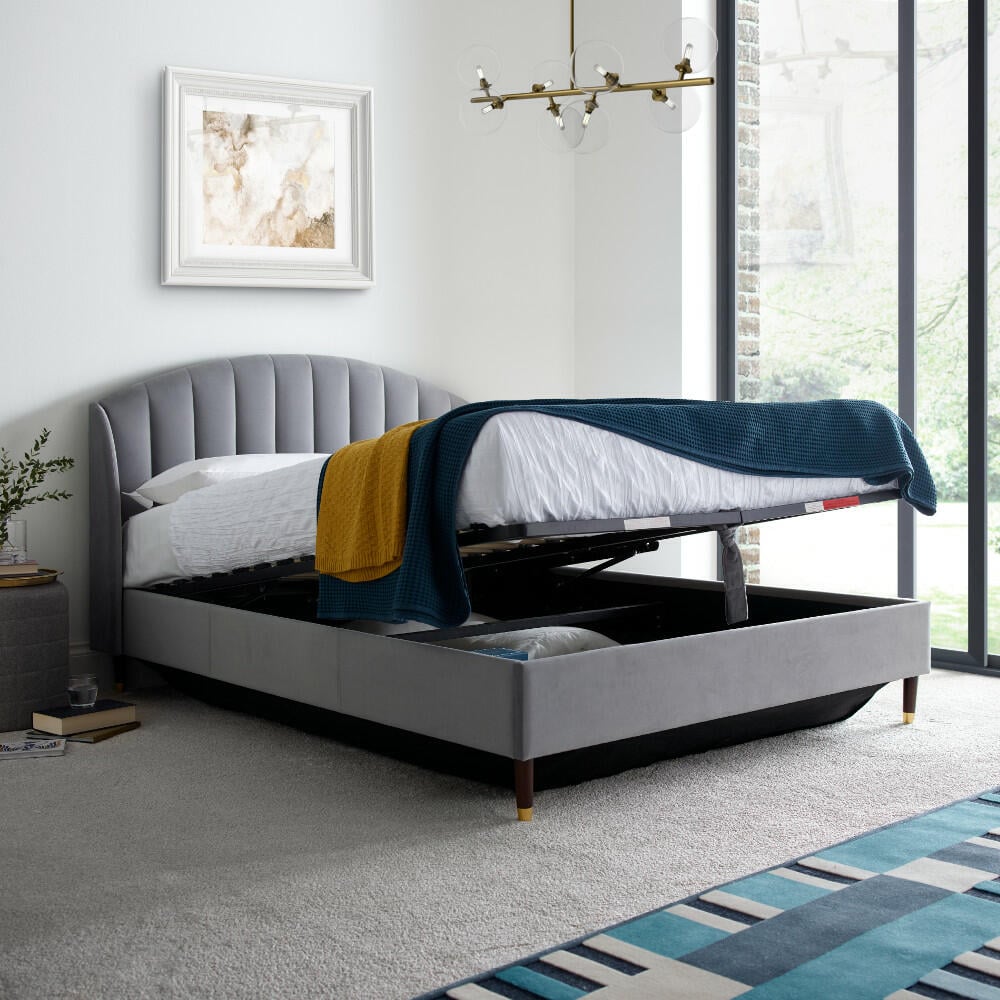 Sandy Grey Velvet Ottoman Bed Full Image