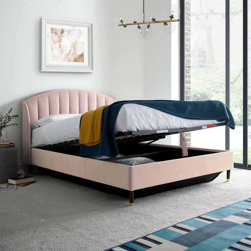 Sandy Pink Velvet Ottoman Bed Full Image
