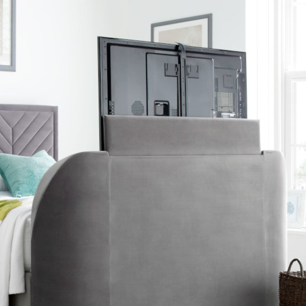 Close-up of Sherlock Light Grey TV Bed with raised TV