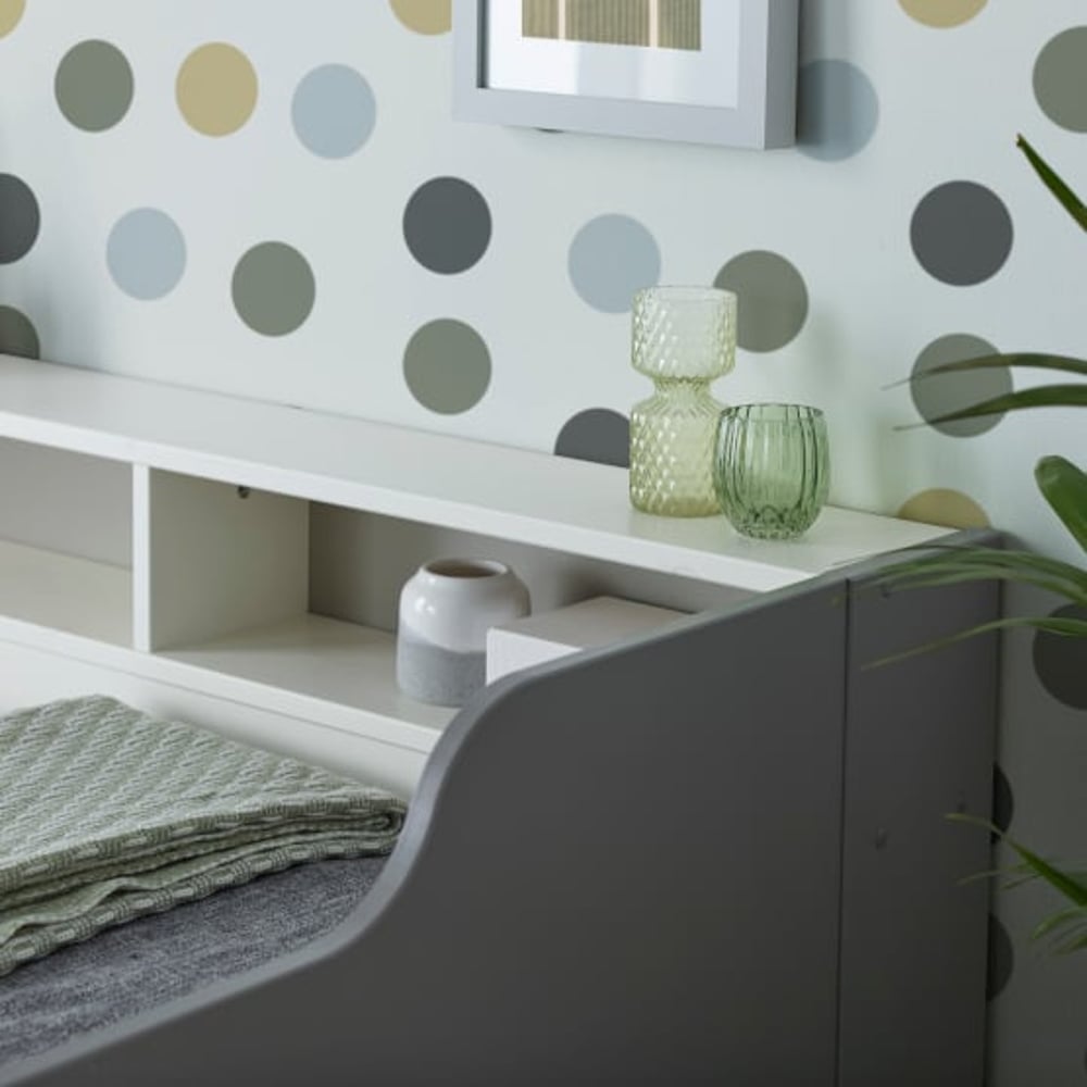 Tyler Grey and White Wooden Day Bed Shelves Close Up