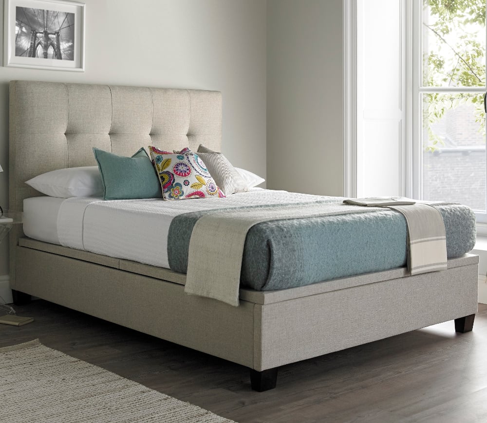 Walkworth Oatmeal Fabric Ottoman Storage Bed Mattress Base Close-Up