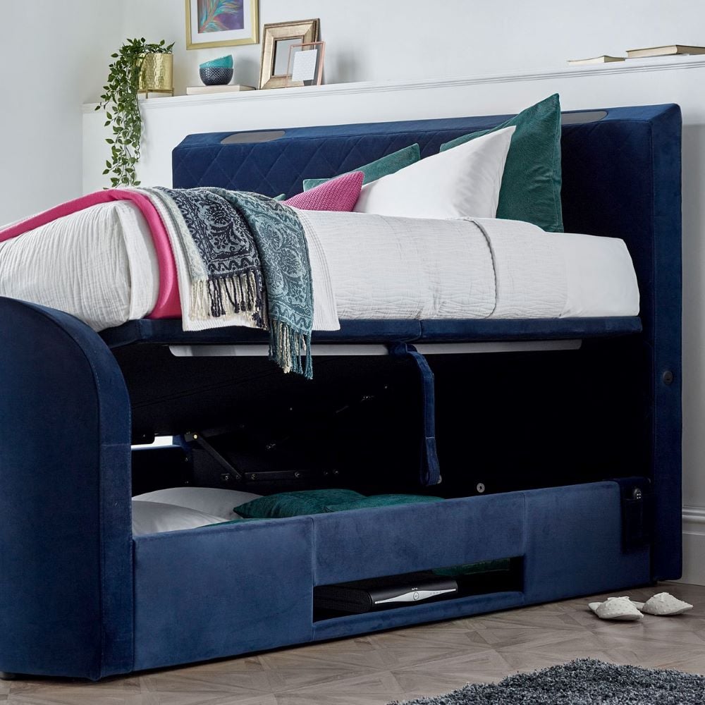 Happy Beds Paris Blue TV Ottoman Open