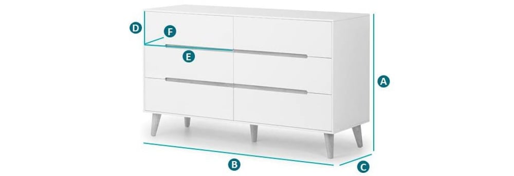 Happy Beds Alicia White and Oak 6 Drawer Chest Sketch Dimensions