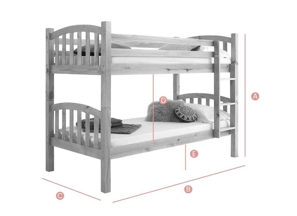 Happy Beds American Solid Pine 3ft Bunk Bed Frame Sketch Dimensions