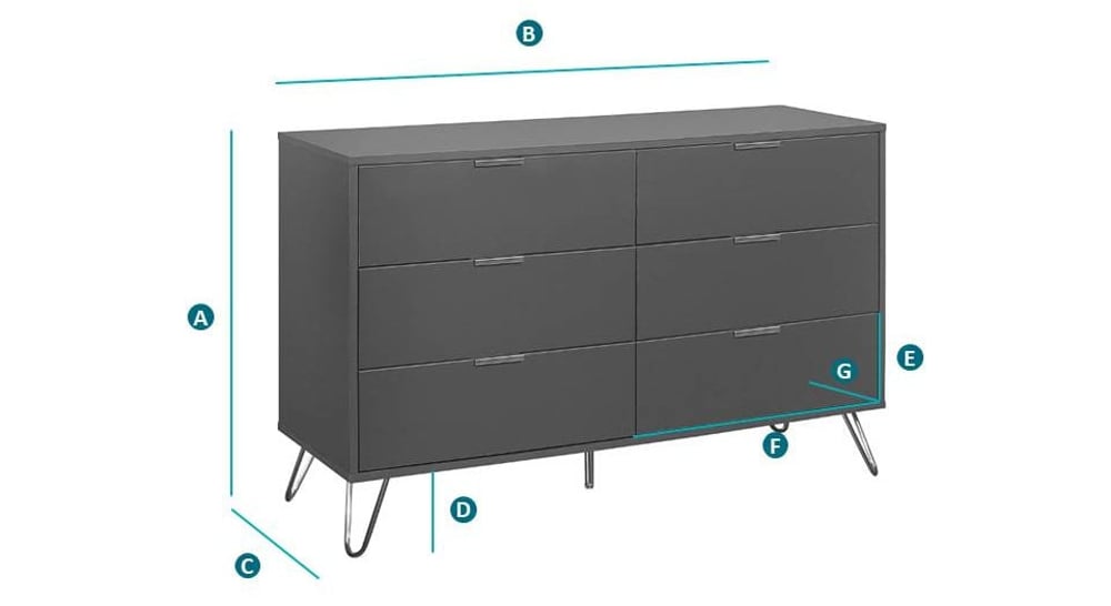 Happy Beds Arlo Charcoal 6 Drawer Chest Sketch Dimensions