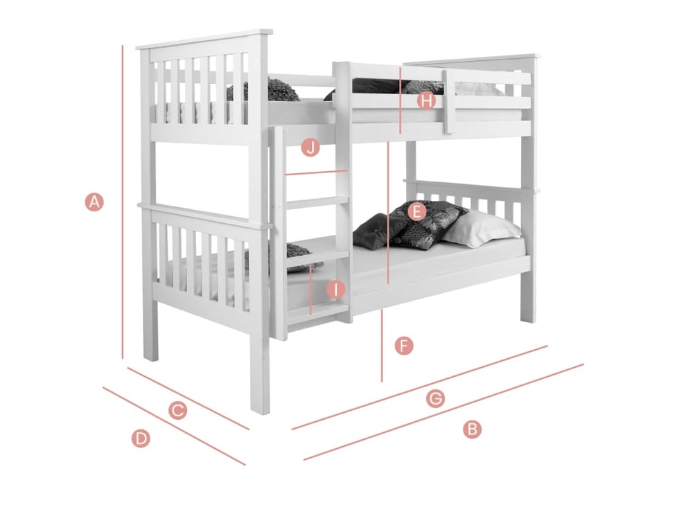 Happy Beds Atlantis White Bunk Bed Sketch Dimensions