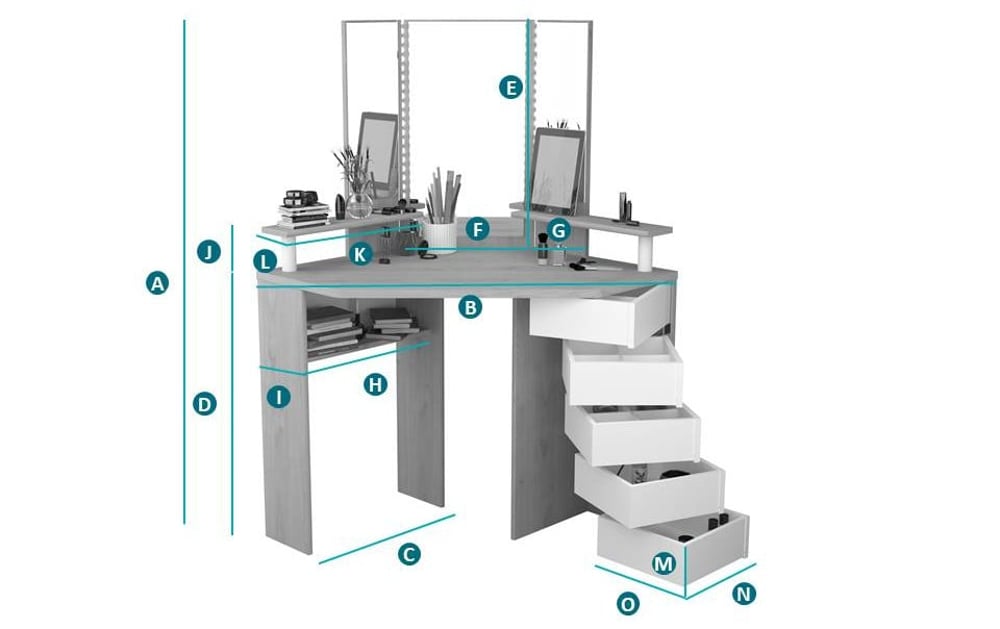 Happy Beds Beauty Bar White Dressing Table Sketch Dimensions