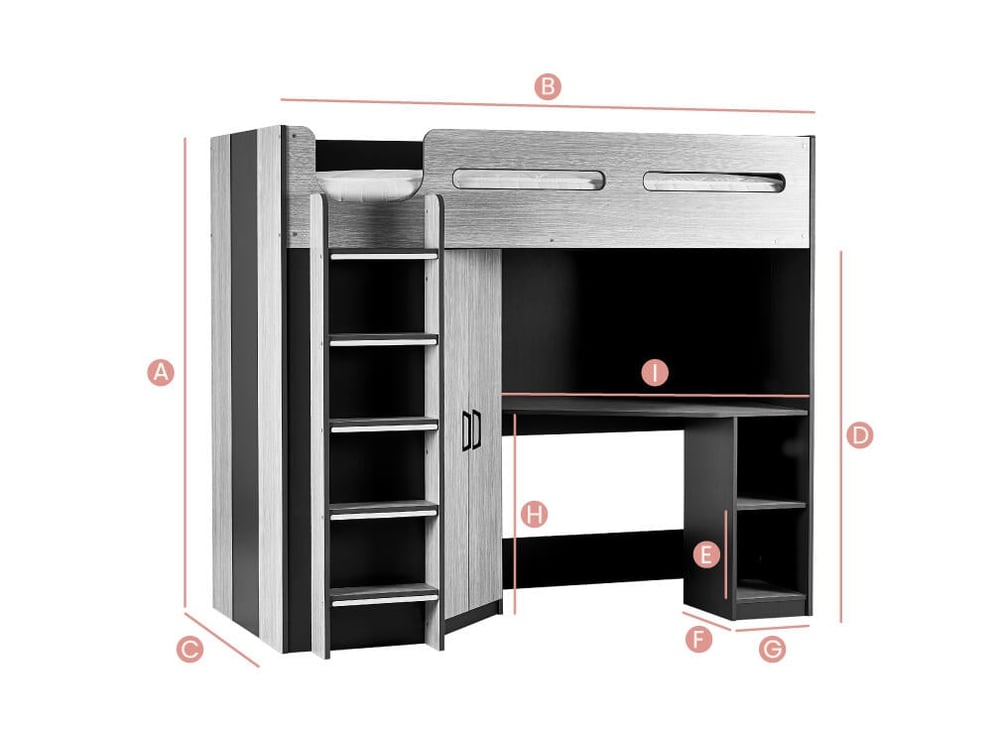 Happy Beds Hercules Wooden High Sleeper Sketch Dimensions