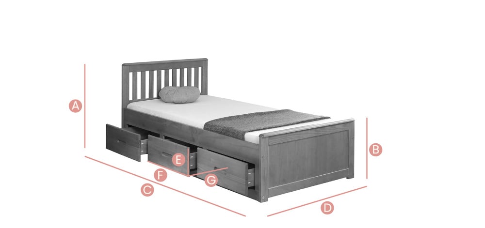 Happy Beds Mission 3ft Storage Bed Sketch Dimensions