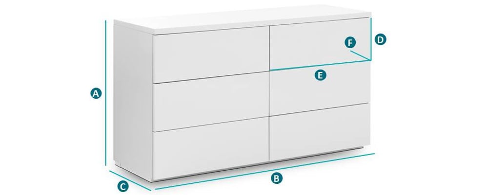 Happy Beds Monaco White 6 Drawer Chest Sketch Dimensions