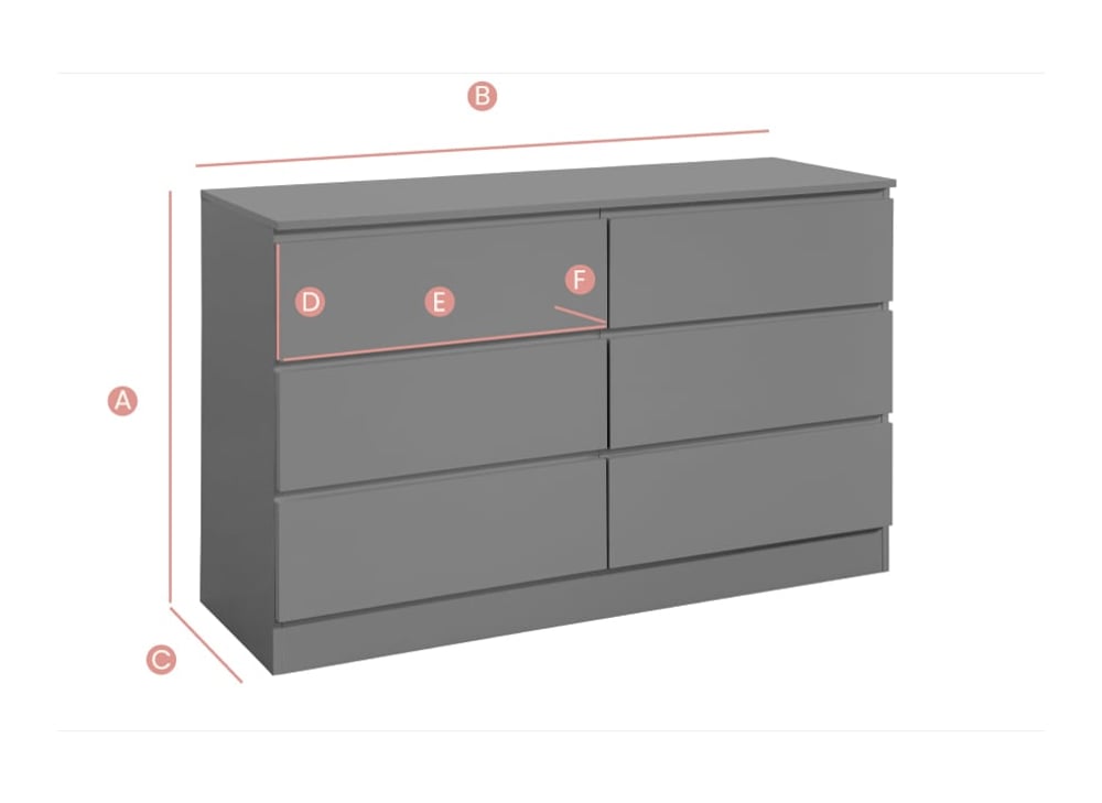 Happy Beds Oslo Grey Wooden 6 Drawer Chest Sketch Dimensions