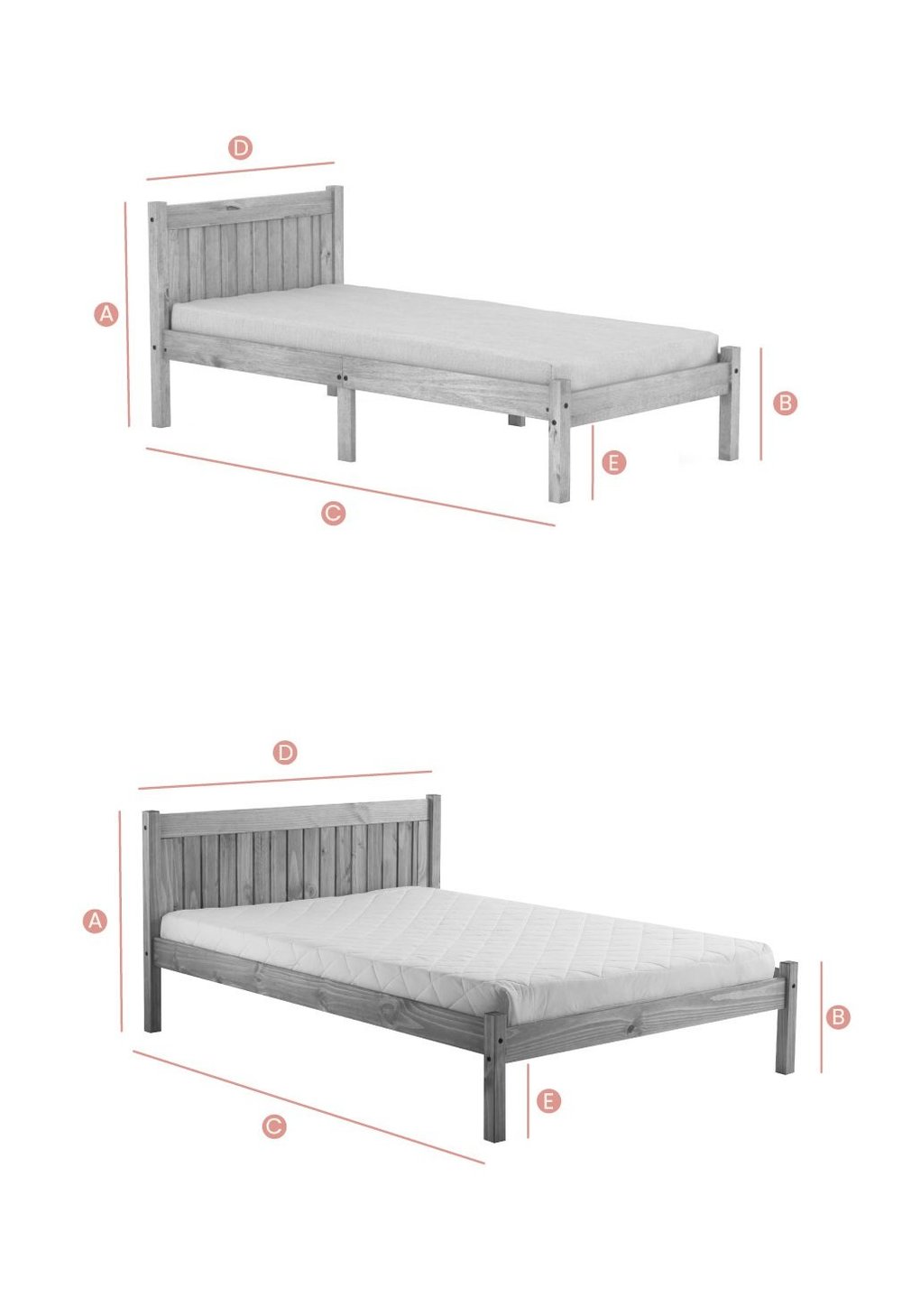 Happy Beds Rio White Washed Single Bed Sketch Dimensions