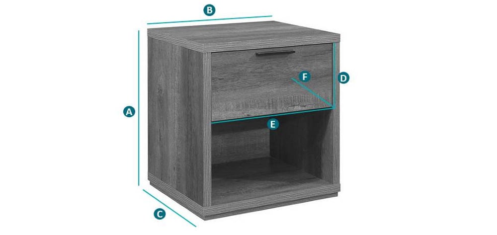 Happy Beds Stockwell Rustic Oak 1 Drawer Bedside Table Sketch Dimensions