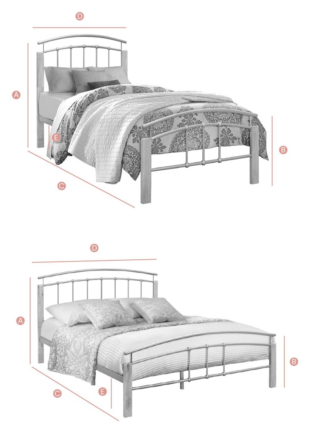 Tetras Beech Wooden and Metal Single Bed Sketch Dimensions