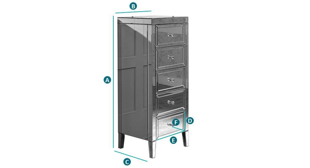 Happy Beds Valencia Mirrored 5 Drawer Narrow Chest Sketch Dimensions