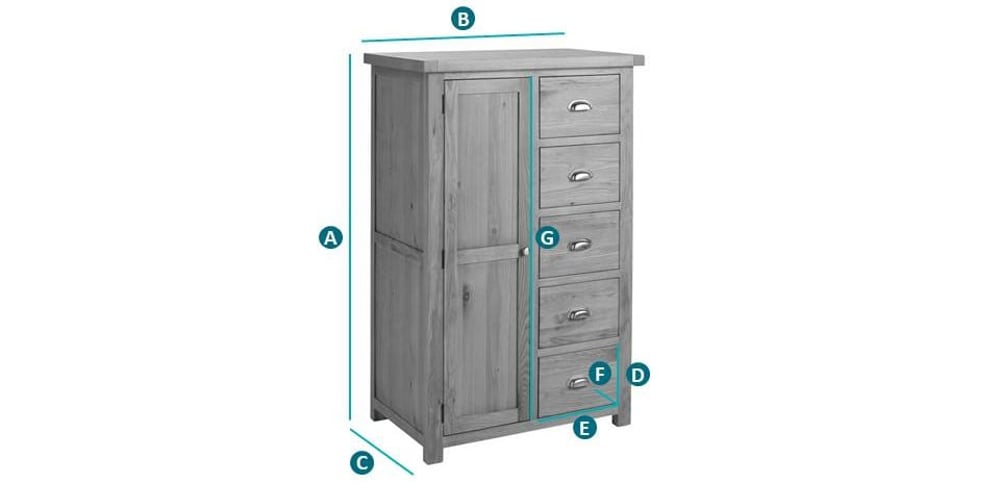 Happy Beds Woburn Oak 1 Door 5 Drawer Wardrobe Sketch Dimensions