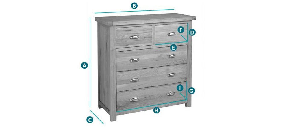 Happy Beds Woburn Oak 3+2 Drawer Chest Sketch Dimensions