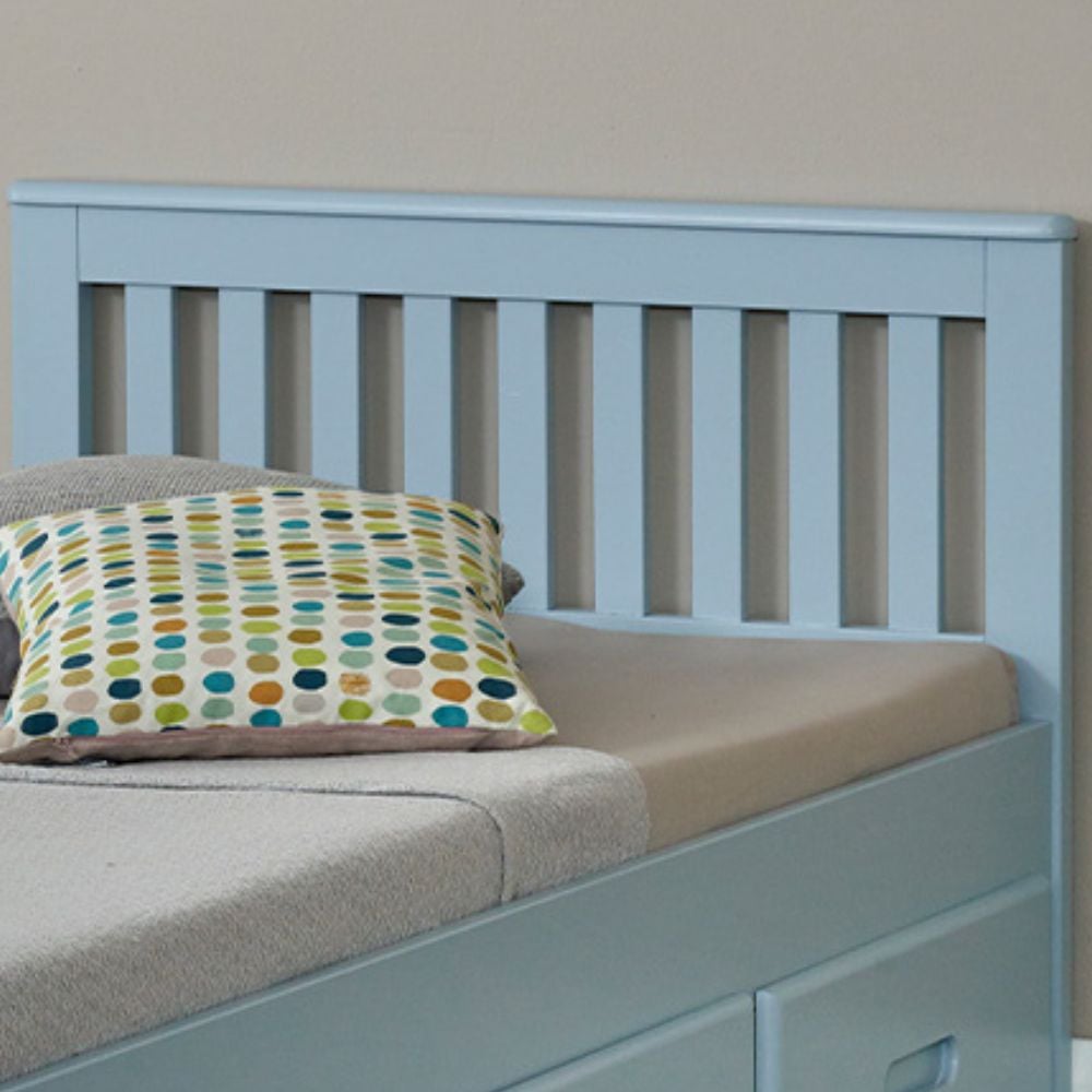 Mission Blue Wooden Storage Bed Headboard Close-Up
