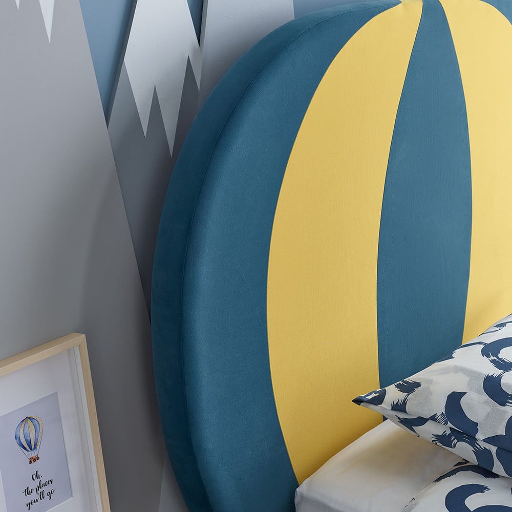 Balloon Blue and Yellow Fabric Kids’ Bed Headboard Close-Up