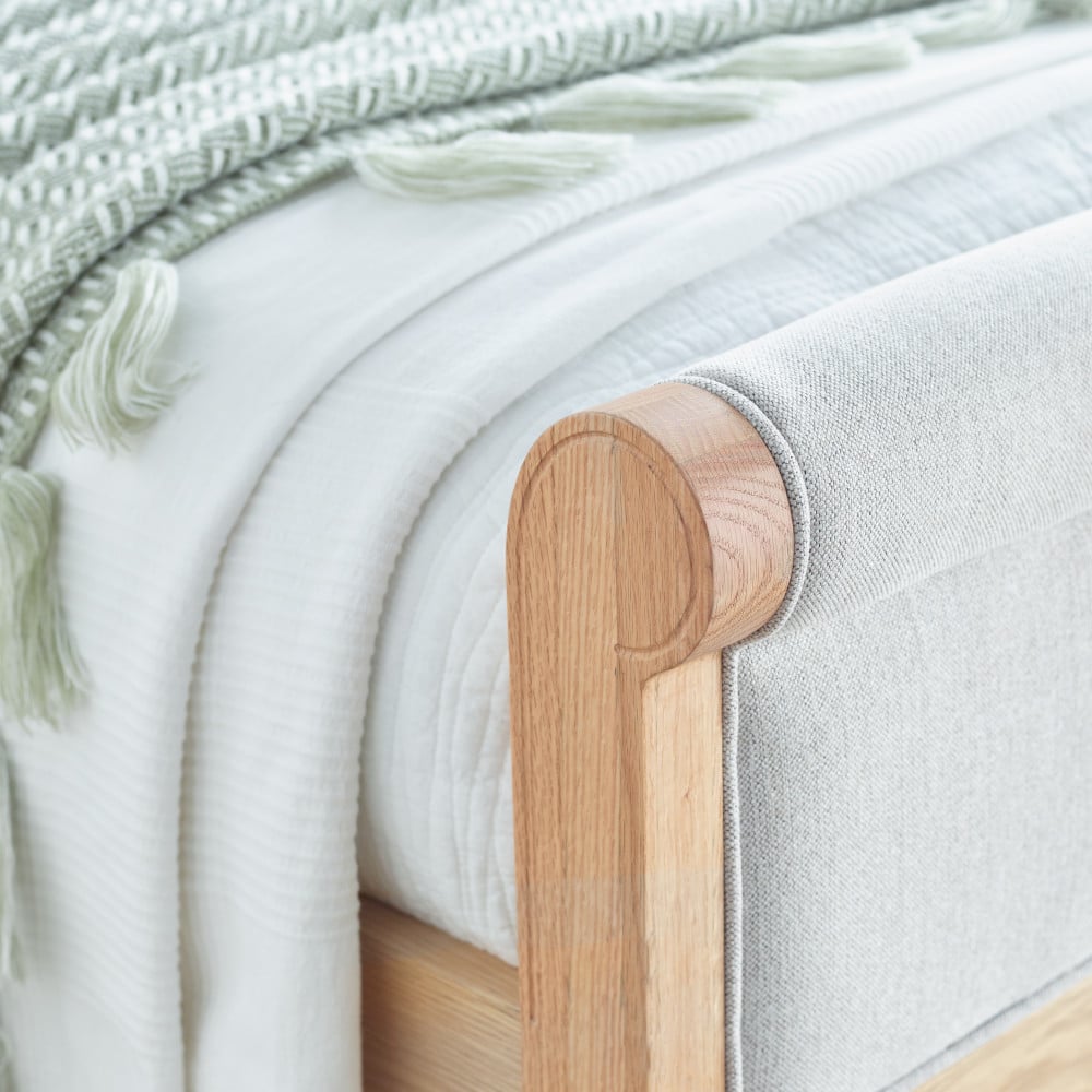 Belle Oak Wooden Fabric Bed Scroll Close-Up