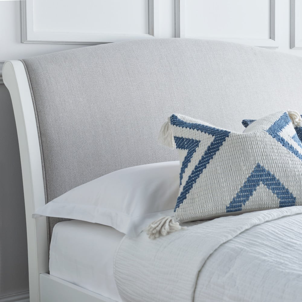 Belle White Wooden Fabric Bed Headboard Close-Up