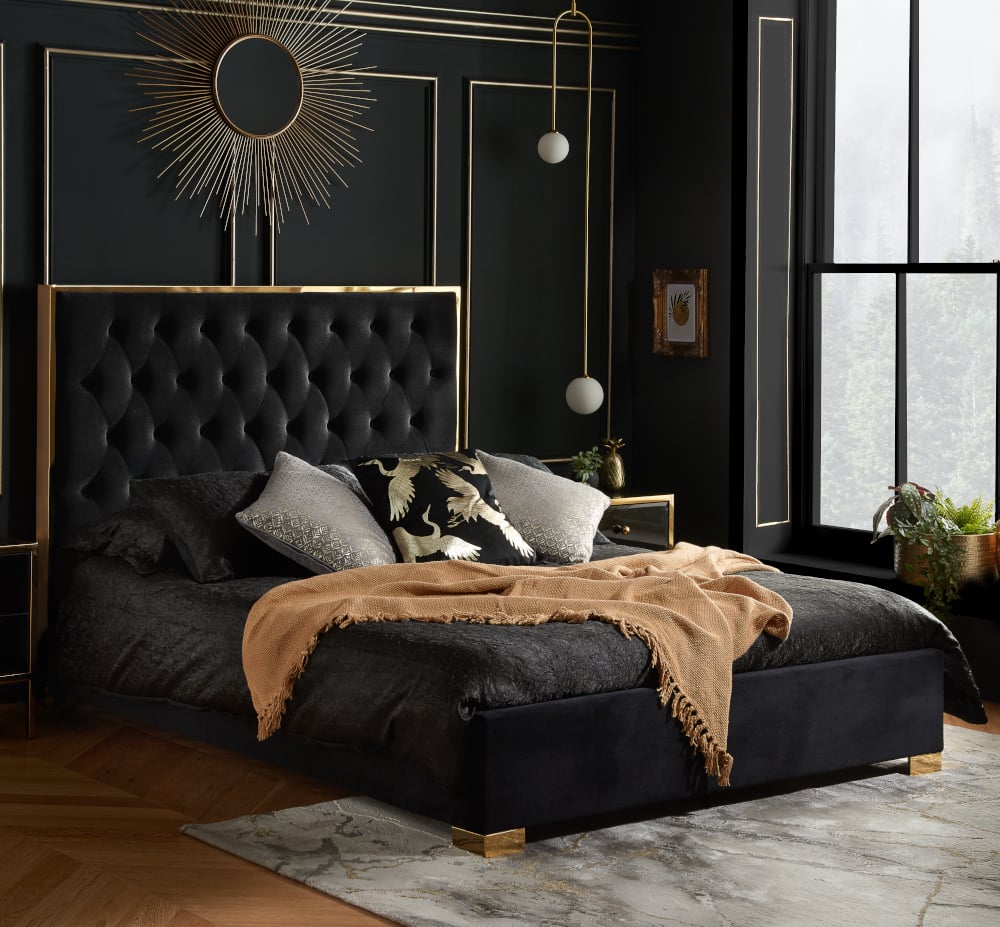 Chelsea Black and Gold Velvet Bed Close-Up